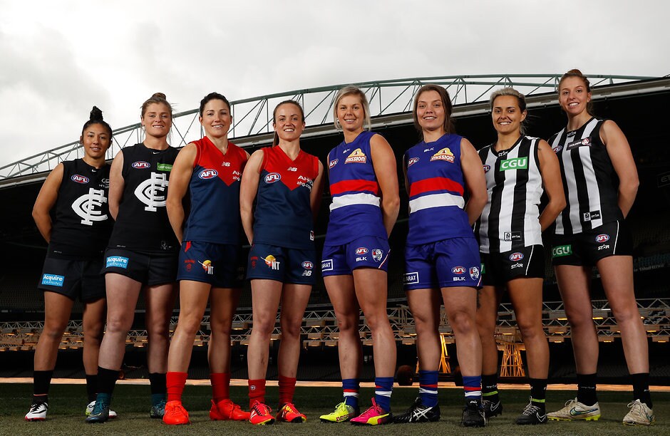 AFL 2016 Media - Womens Marquee Players Announcement MELBOURNE, AUSTRALIA - JULY 27: (L-R) Darcy Vescio of the Blues, Briana Davey of the Blues, Melissa Hickey of the Demons, Daisy Pearce of the Demons, Katie Brennan of the Bulldogs, Ellie Blackburn of the Bulldogs, Moana Hope of the Magpies and Emma King of the Magpies pose for photograph during the national women’s league marquee players announcement at Etihad Stadium in Melbourne, Australia on July 27, 2016. (Photo by Michael Willson/AFL Media)